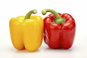 AI generated Two bell peppers, a red and a yellow isolated on white background. AI Generated. photo