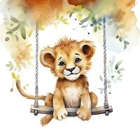 AI generated Cute happy baby lion on swings attached to the tree in watercolor style. AI Generated photo