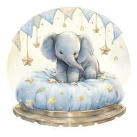 AI generated An elephant on a bed with stars and blankets around the circle. AI Generated photo