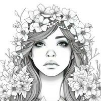 AI generated A girl on a coloring book page with Jasmine flowers. AI Generated photo