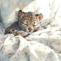 AI generated A sleepy baby leopard in a bedding, watercolor illustration. AI Generated photo