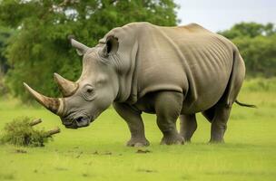 AI generated White Rhino grazing. AI Generated photo