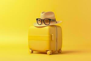 AI generated Yellow suitcase with sun glasses and hat on yellow background. travel concept. Generative AI photo