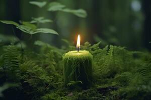 AI generated Burning candle on moss, dark green blurred the natural background. Magic candle. Generative AI photo