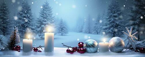 AI generated Winter Forest Landscape With Burning Candles Christmas Decoration. AI Generated photo