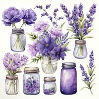 AI generated Collection of watercolor mason jars with purple flowers clipart. AI Generated photo