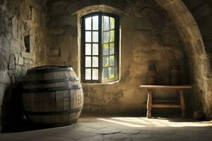 AI generated Barrel in an ancient castle beside the window. AI Generated photo