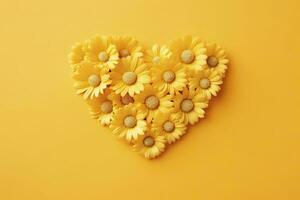 AI generated Yellow Heart Shaped By Yellow Daisies Over Yellow Background. AI Generated photo