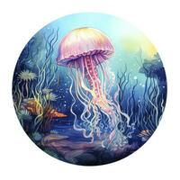 AI generated Jellyfish in an underwater landscape in a circle. AI Generated photo