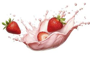 AI generated milk or yogurt splash with strawberries isolated on white background, 3d rendering. AI Generated photo