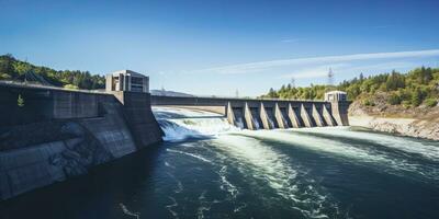 AI generated Hydroelectric dam generating green energy from flowing water.   AI Generated. photo