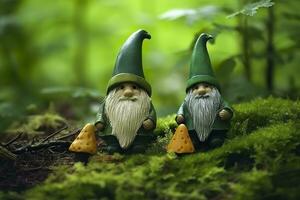 AI generated Toy Irish gnomes in a mystery forest, abstract green natural background. Generative AI photo