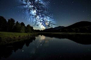 ai generado lechoso camino reflejado en lago. ai generado foto