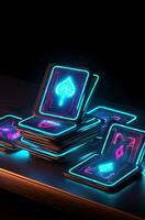 AI generated Some playing cards with glowing neon designs on a tablet. Generative AI photo