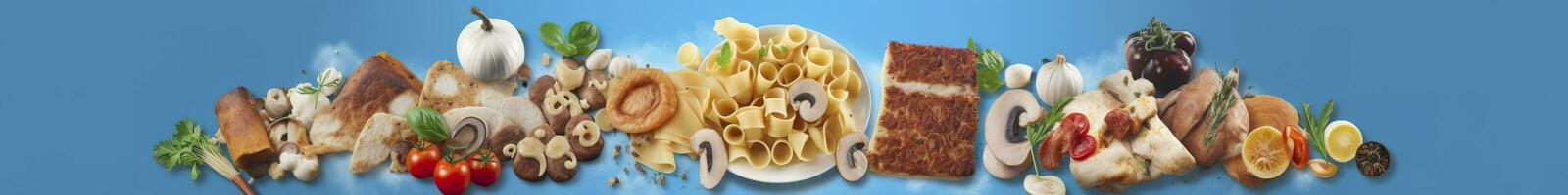 AI generated Web page banner of famous Italian food recipes on clean blue background. AI Generated photo