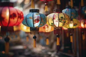 AI generated Colorful festival lanterns during the Chinese traditional holiday season. AI Generated photo