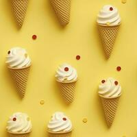 AI generated Ice Cream pattern on yellow background, top view. AI Generated photo