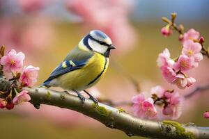 ai generado un bluetit pájaro descansando en el rama de un árbol. ai generado. foto