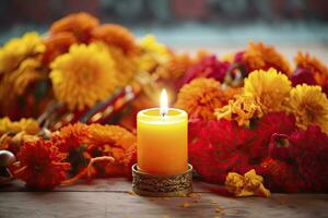 AI generated Candles and marigold flowers. Day of the dead concept dia de los muertos. AI Generated photo