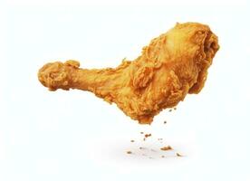 AI generated Fried chicken leg falling in the air isolated on a white background. AI Generated. photo