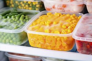 AI generated Frozen food in the freezer. Frozen vegetables. AI Generated photo