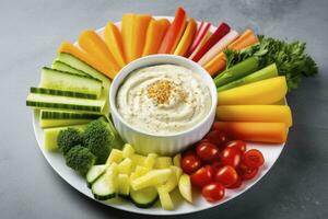AI generated Crop shot of plate with colorful healthy sliced vegetables. AI Generated photo
