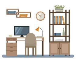 Workplace in the office. Desk and computer, cabinet with folders. Vector illustration in flat style.