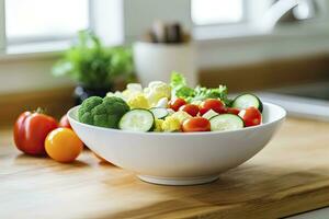 AI generated Kitchen still life with white bowl of washed vegetables on wooden desk. AI Generated photo