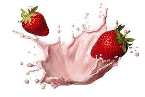 AI generated milk or yogurt splash with strawberries isolated on white background, 3d rendering. AI Generated photo