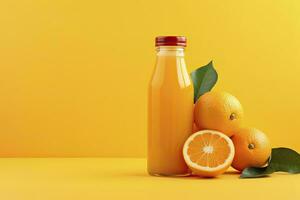 AI generated Orange Juice bottle on orange background. AI Generated photo