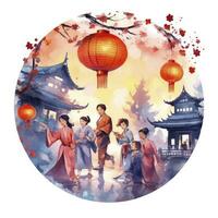 AI generated Lantern Festival in watercolor style. T-shirt Design. AI Generated photo
