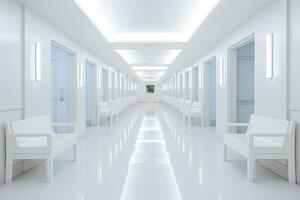 AI generated Interior design of a modern luxurious white building corridor or hallway with waiting seat. AI Generated photo