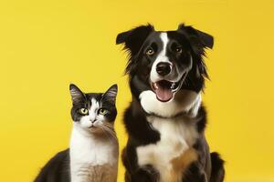 AI generated Cat and dog together with happy expressions on yellow background. AI Generated photo