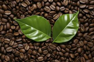 AI generated Green leaves with coffee beans as background. AI Generated photo