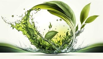 AI generated Green herbal tea wave splash with leaves flow. AI Generated photo