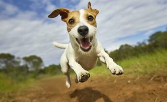 ai generado Jack rusia párroco perro correr hacia el cámara bajo ángulo alto velocidad disparo. ai generado foto