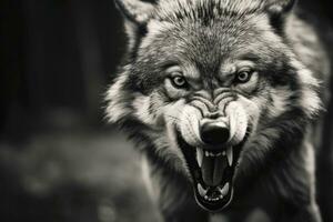 AI generated Greyscale closeup shot of an angry wolf with a blurred background. AI Generated photo