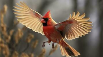 AI generated Northern Cardinal coming in for a landing. Generative AI photo