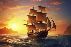 AI generated Pirate ship sailing on the ocean at sunset. Vintage cruise. AI Generated photo