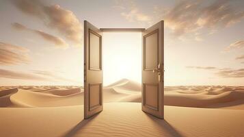 AI generated The opened door on the desert. Unknown and start up concept. AI Generated. photo