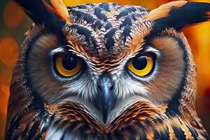 AI generated Owl headshot with closeup of face. Generative AI photo