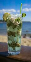 AI generated Stunning photo of cocktail mojito, a sunny summer beach in the background. Generative AI