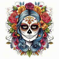 AI generated Woman sugar skull with beautiful colored flowers on white background. AI Generated photo