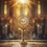 AI generated The golden monstrance with a little transparent crystal center, consecrated host. church defocused background. AI Generative photo