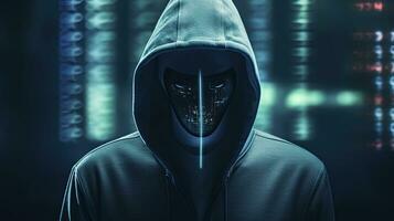 AI generated Binary Intrigue. Anonymous robotic hacker. Concept of hacking. AI Generated photo