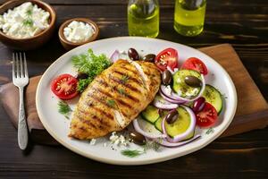 AI generated Seared chicken breast and Greek salad on a wooden table. Generative AI photo