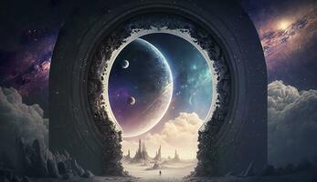 AI generated Portal to another world. Futuristic cosmic landscape with circle tunnel in starry sky. Generative AI photo