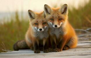 AI generated Wild baby red foxes cuddling at the beach. Generative AI photo