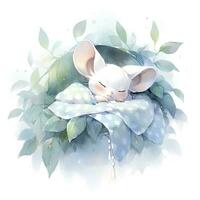 AI generated A sleepy baby mouse in a bedding, watercolor illustration.  AI Generated photo