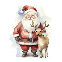 AI generated Cute Santa Claus standing with reindeer. AI Generated photo